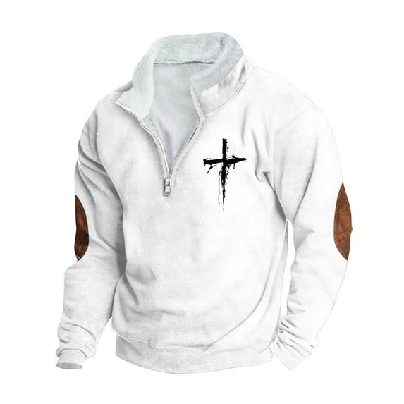 bbymog Sweatshirts for Men Plus Size Casual Printed Hoodies Stand Up Collar Long Sleeve Pullover Top Winter Warm Coat with Zipper White L