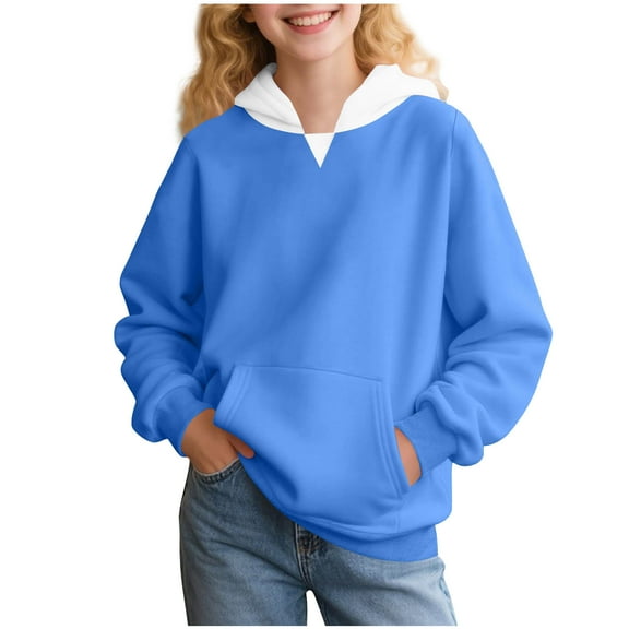 bbymog Teen Girl Clothes Girls' Fashion Pacthwork Pullover Hoodies Long Sleeve Hooded Sweatshirt with Pocket Fall Clothes for Girls 10-12 Dark Blue 13 Years