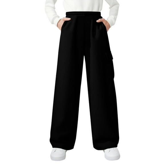 bbymog Teen Girl Clothes Girls' Fashion Solid Color Cargo Pants Casual Loose Straight Pants for Boys Girls Sweatpants with Pocket Black B 11 Years