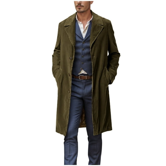 bbymog winter Trench Coat Men Fashion Slim Fit Jacket Long Sleeve Overcoat With Pockets Single Breasted Pea Coat Windbreaker Jackets Army Green A L