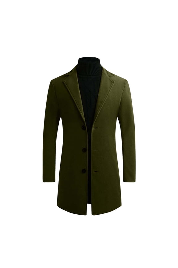 Trench Coat Men Turn Down Collar Solid Color Overcoat One Breasted Oversized Windbreaker Long Sleeve Pea Coat with Pockets Army Green XXL