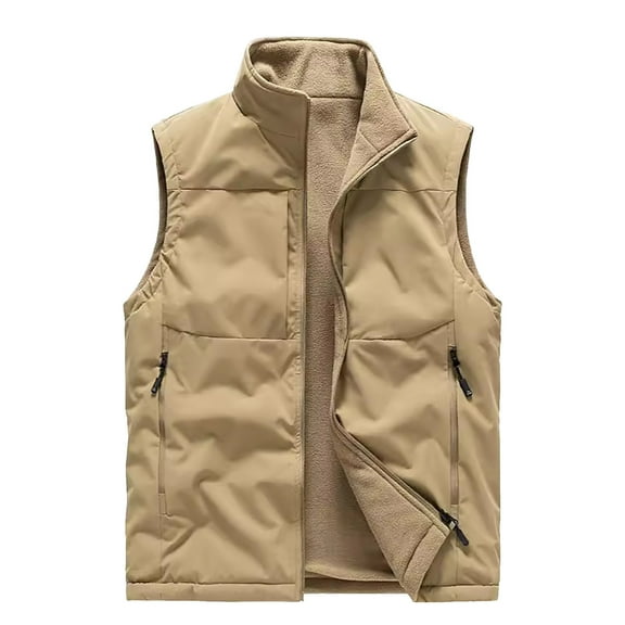 bbymog Vest for Men Winter Warm Sport Casual Oversized Coat Solid Color Full Zip Outerwear Stand Up Collar Sleeveless Jacket Khaki L
