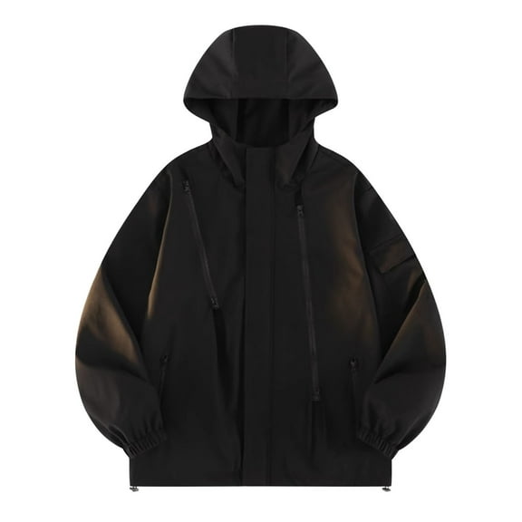 bbymog Windbreaker Jackets for Men Long Sleeved Full Zip Oversized Outerwear Windproof and Waterproof Solid Color Jacket with Hood Black C M