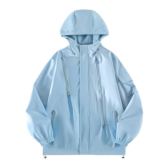 bbymog Windbreaker Jackets for Men Long Sleeved Full Zip Oversized Outerwear Windproof and Waterproof Solid Color Jacket with Hood Light Blue M