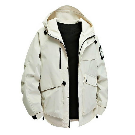 bbymog Windbreaker Jackets for Men Solid Color Waterproof Oversized Jacket Fashion Long Sleeve Hooded Raincoat with Pockets White A XL