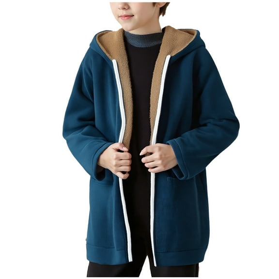 bbymog Winter Boys Fleece Jacket with Hood Solid Color Long Sleeve Thick Warm Coat Casual Boys' Outerwear Jackets & Coats Blue 120