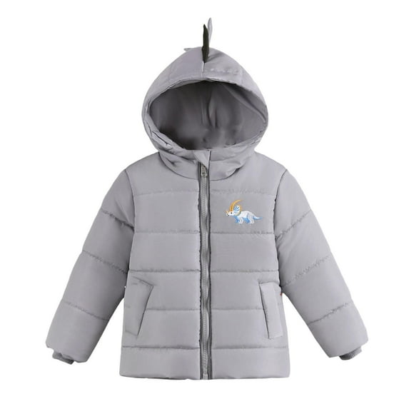 bbymog Winter Coats for Girls and Boys Fashion Cute Dinosaur Thick Warm Puffer Jacket for Boys Long Sleeve Hooded Fleece Puffer Jackets for Girls with Pocket Gray-1 2 Years