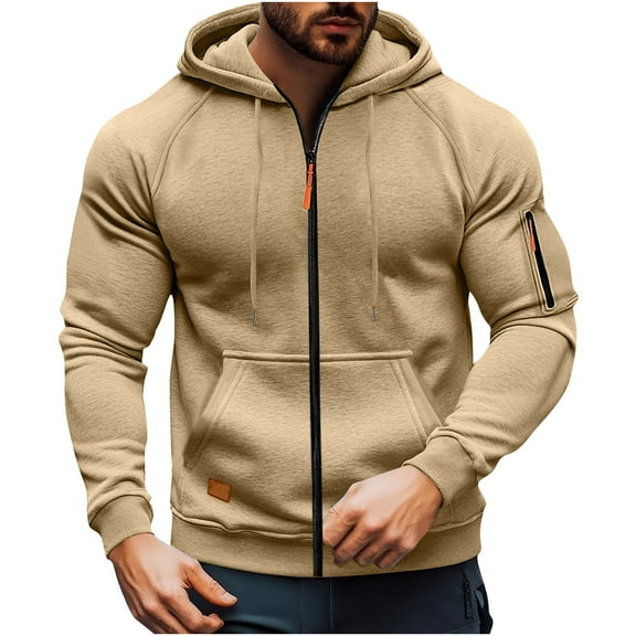 bbymog Winter Coats for Men Long Sleeve Full Zip Hooded Cargo Jacket Solid Color Plus Size Casual Outerwear with Pockets Khaki A L