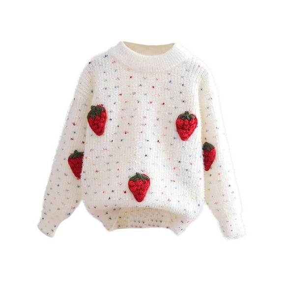 bbymog Winter Girls' Fashion Strawberry Sweaters Crewneck Long Sleeve Pullover Tops Warm Knitted Sweater for Girls White B 2 Years