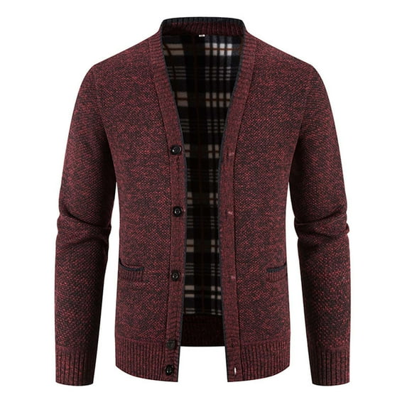 bbymog Winter Jackets for Men Fall Winter Casual V-Neck Sweater Solid Color Long Sleeve Oversized Knit Outerwear with Button Wine XXL