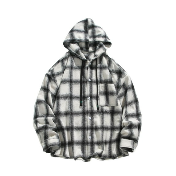 bbymog Winter Jackets for Men Fashion Plaid Lapel Button Casual Outerwear with Pocket Long Sleeve Plus Size Outdoor Workout Coat White XXL