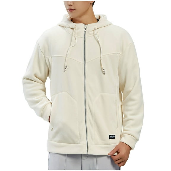 bbymog Winter Jackets for Men Fashion Solid Color Oversized Hooded Jacket Long Sleeve Zip Up Casual Outerwear with Pockets Beige L
