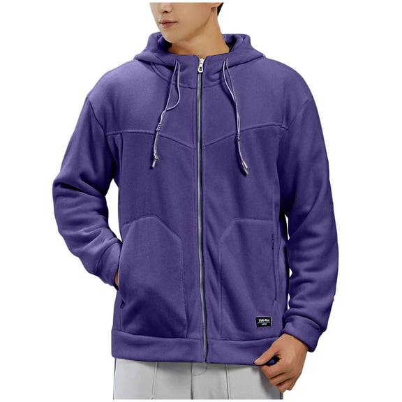 bbymog Winter Jackets for Men Fashion Solid Color Oversized Hooded Jacket Long Sleeve Zip Up Casual Outerwear with Pockets Purple XL