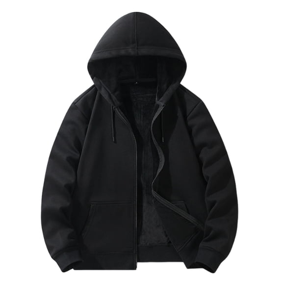 bbymog Winter Jackets for Men Solid Color Full Zip Thick Hooded Jacket Long Sleeve Plus Size Casual Outerwear with Pockets Black A XXL