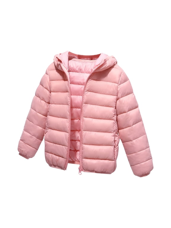 Winter Lightweight Puffer Jacket for Boys Solid Color Long Sleeve Hood Jackets with Pocket Warm Clothes for Girls 10-12 Pink 6 Years