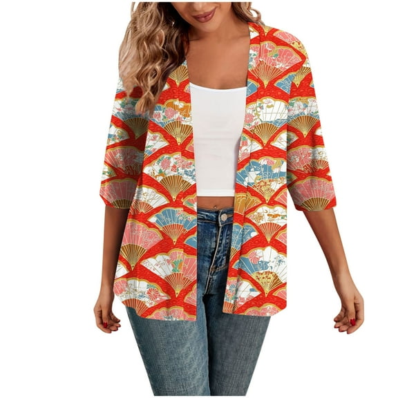 bbymog Women Cardigan Fashion Vintage Printed Light Weight Cardigan Women 3/4 Sleeve Open Front Cardigan Sweaters Casual Fall Cardigan for Women Orange L