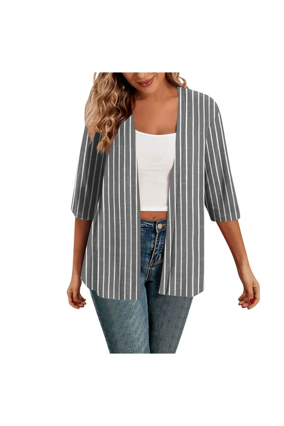 Women's 3/4 Sleeve Cardigan Strip Printed Dressy Casual Cardigans Open Front Lightweight Cardigans for Women Gray S