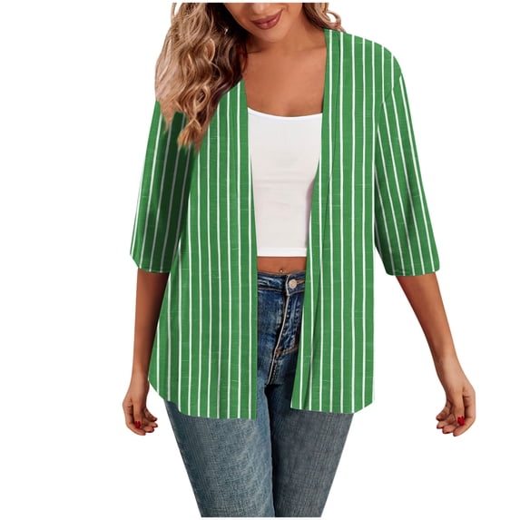 bbymog Women's 3/4 Sleeve Cardigan Strip Printed Dressy Casual Cardigans Open Front Lightweight Cardigans for Women Green XXL