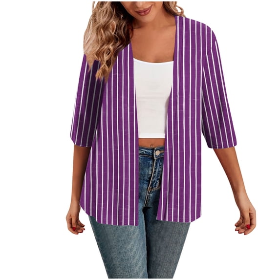 bbymog Women's 3/4 Sleeve Cardigan Strip Printed Dressy Casual Cardigans Open Front Lightweight Cardigans for Women Purple B XL