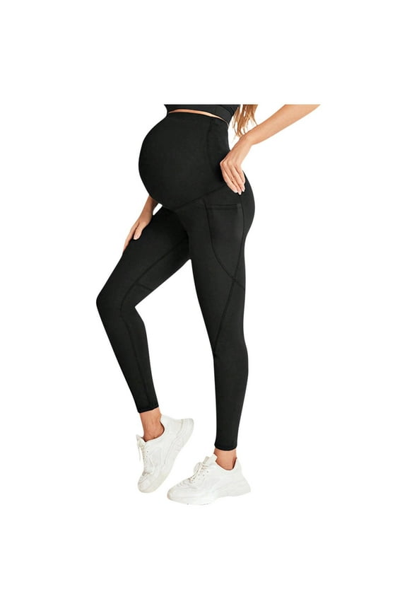 Women's Maternity Leggings with Pocket Casual Slim Fit Stretch Maternity Yoga Pants Athletic Pregnancy Clothes for Women Black C XL