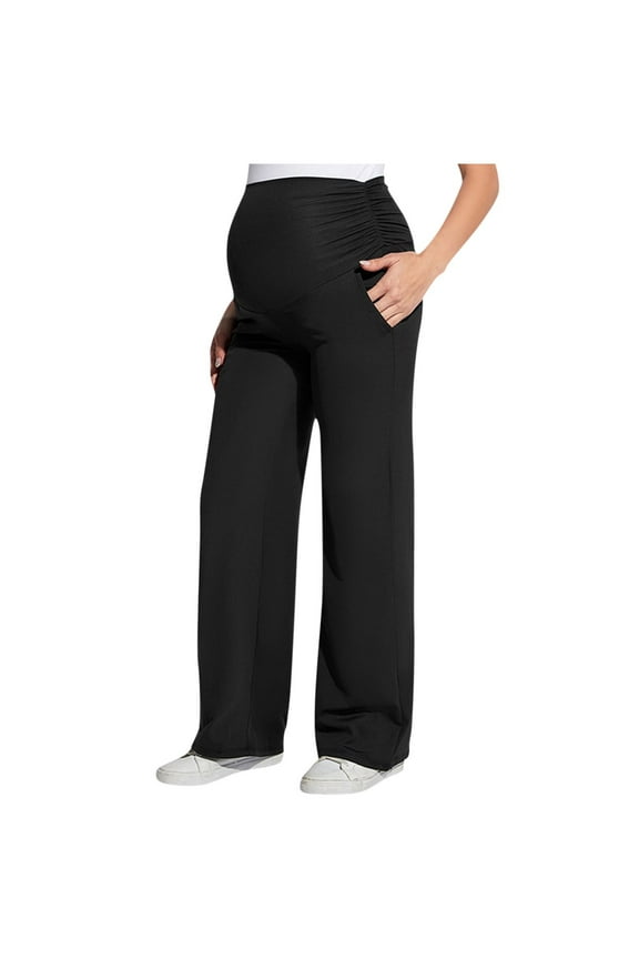 Women's Maternity Pants Solid Color Elastic Waist Straight Pregnancy Pants with Pocket Maternity Clothes Black B L