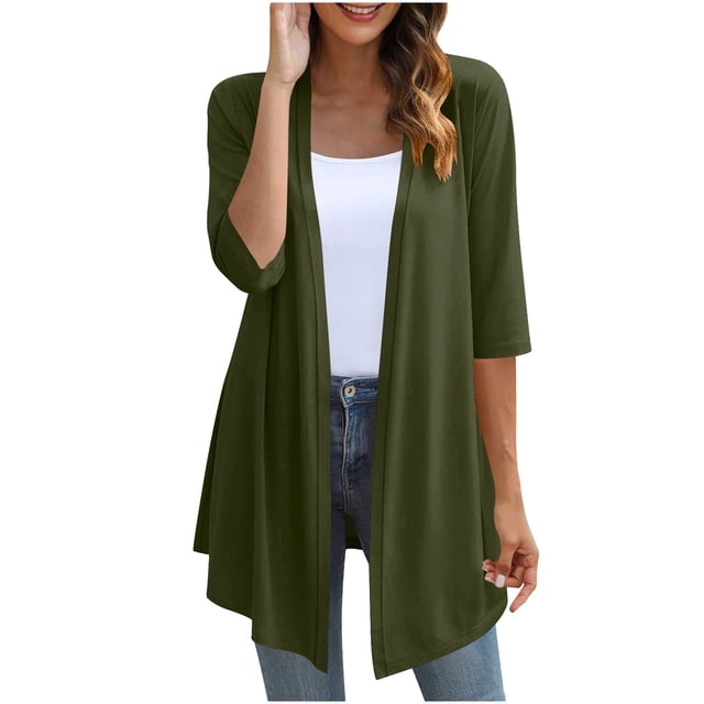 bbymog Womens Lightweight Cardigan 3/4 Sleeve Open Front Ruffles Cardigans Fall Casual Loose Cardigans for Women Trendy Green S