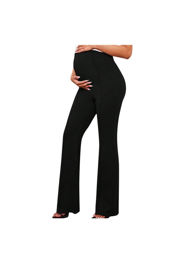 Womens Maternity Work Pants Solid Color Straight Flare Pants Cotton Dress Pants for Maternity Black D S
