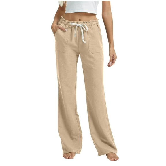 bbymog Womens Sweatpants Elastic Waist Drawstring Jogger Pants Long Straight Trousers Comfy Loose Casual Pants with Pockets Khaki L