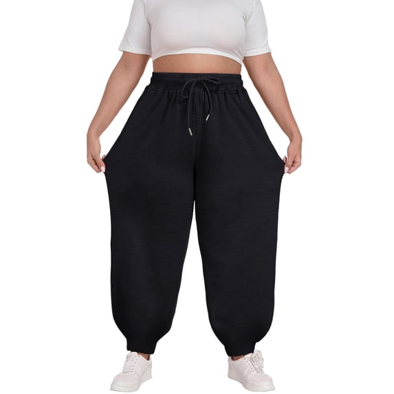 bbymog Womens Sweatpants Plus Size Solid Color Casual Pants Elastic Waist Drawstring Comfy Trousers with Pockets Joggers for Women Black XXL