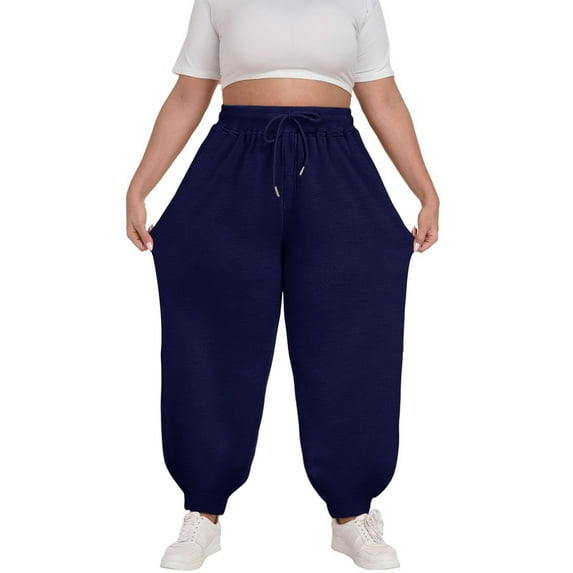 bbymog Womens Sweatpants Plus Size Solid Color Casual Pants Elastic Waist Drawstring Comfy Trousers with Pockets Joggers for Women Navy L