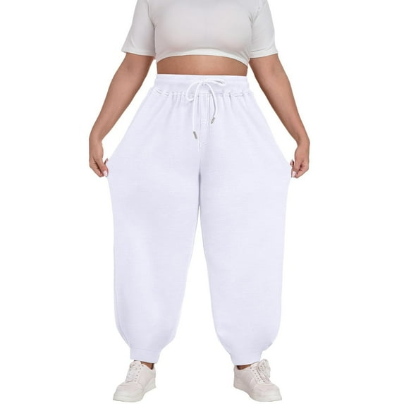 bbymog Womens Sweatpants Plus Size Solid Color Casual Pants Elastic Waist Drawstring Comfy Trousers with Pockets Joggers for Women White XXXXL