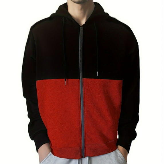 bbymog Workout Clothes for Men Full Zip Color Block Sport Coat with Pockets Long Sleeve Hooded Casual Outerwear for Workout Fitness Red XL