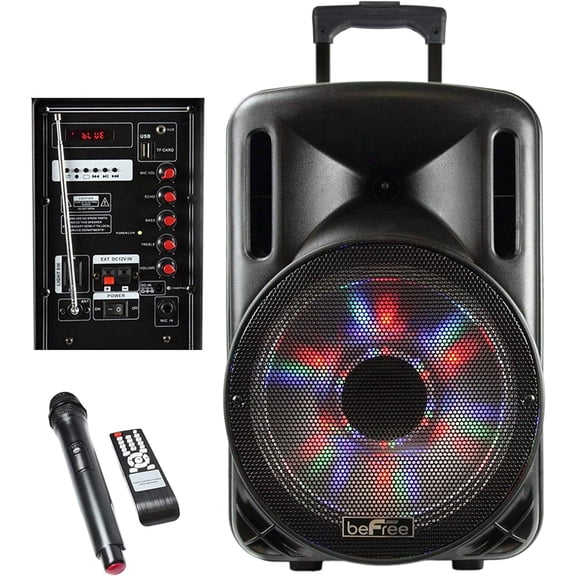 beFree Sound 12 Inch 2500 Watt Bluetooth Portable Party PA Speaker With Illuminating Lights and USB/MicroSD/AUX-in/FM Radio/DV12V Inputs