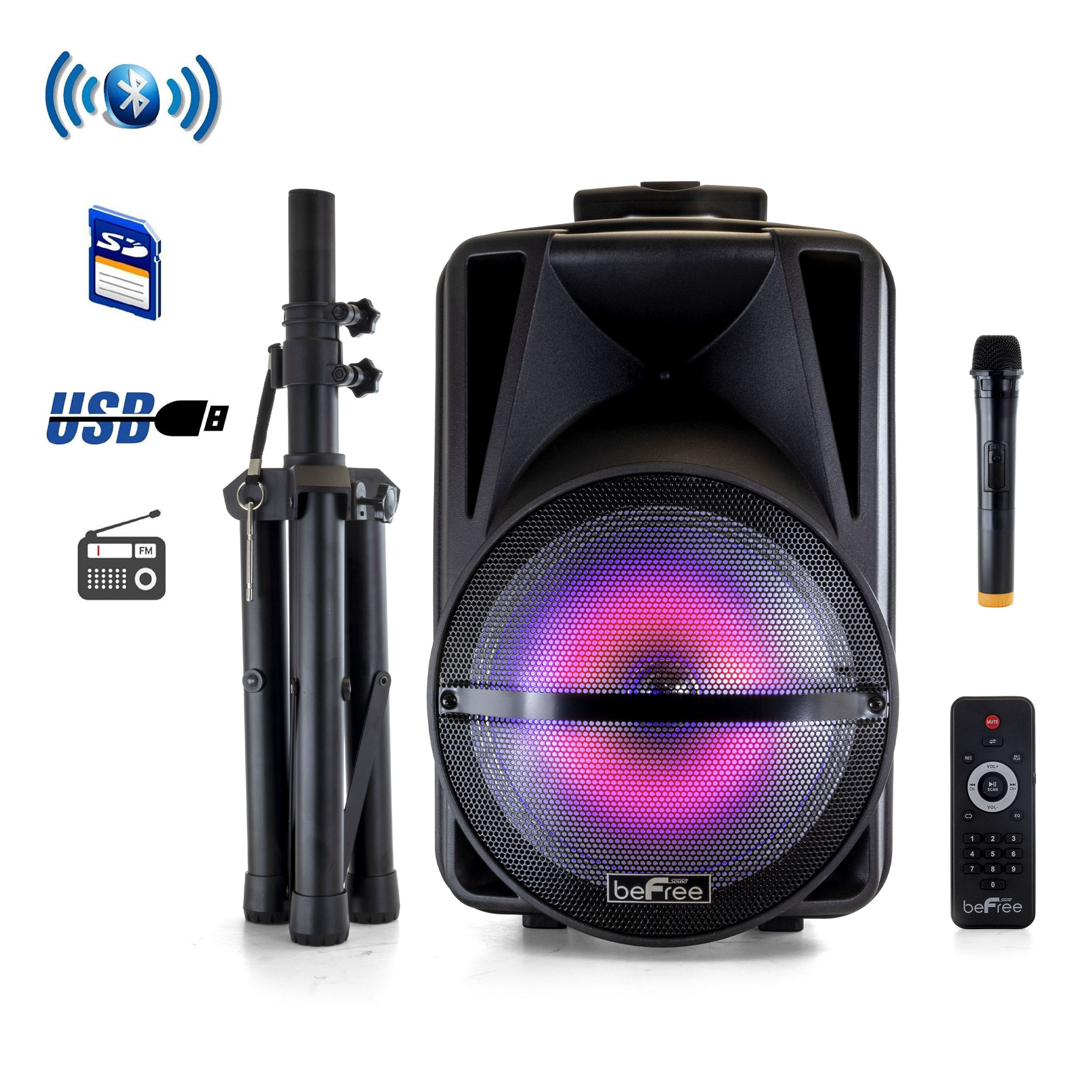 beFree Sound 12 Inch Bluetooth Rechargeable Portable PA Party Speaker with Reactive LED Lights - image 1 of 2