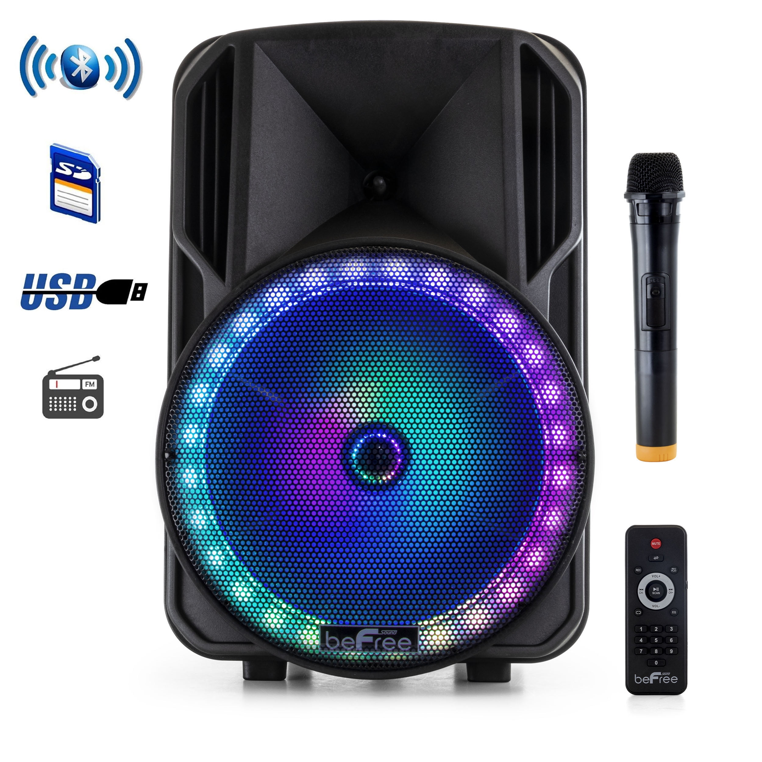 beFree Sound 12 inch Bluetooth Rechargeable Portable PA Party Speaker with Reactive LED Lights