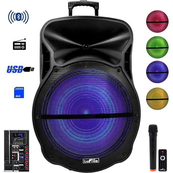 beFree Sound 18 Inch Bluetooth Portable Rechargeable Party Speaker with Sound Reactive LED Party Lights, USB/SD, Microphone/Guitar Inputs and FM Radio