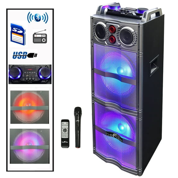 beFree Sound Double 10 Inch Subwoofer Bluetooth Portable Party Speaker with Reactive Lights, USB/ SD Input, FM Radio, Remote Control and Microphone