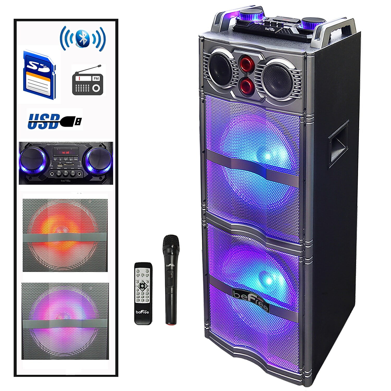 beFree Sound Double 10 Subwoofer Bluetooth Portable Party Speaker with  Reactive Lights, USB/SD Input, FM Radio, Remote Control and Microphone