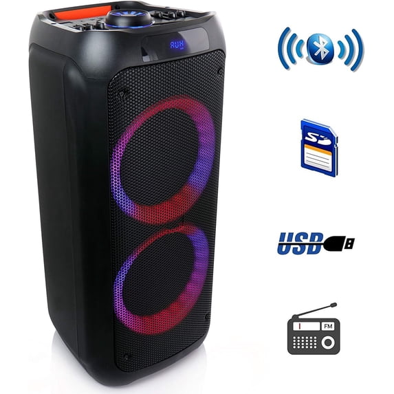 beFree Sound Dual 8 Inch Bluetooth Wireless Portable Party Speaker with Reactive Lights