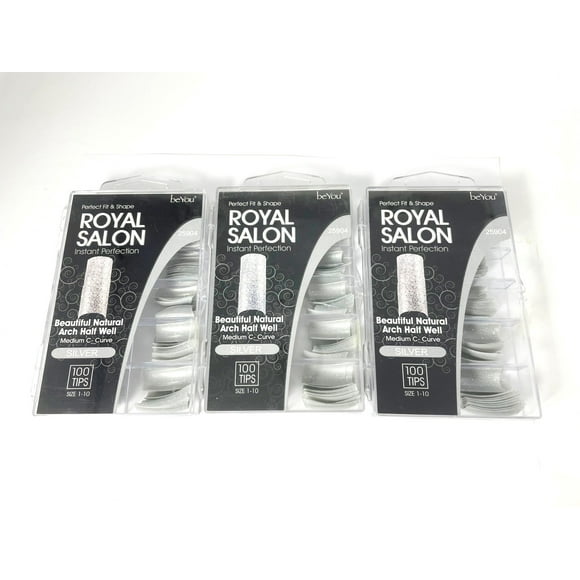 beYou French Nail Tips Medium C-Curve Silver 100 Tips Size 0-9 3-PACK 300 Tips Total