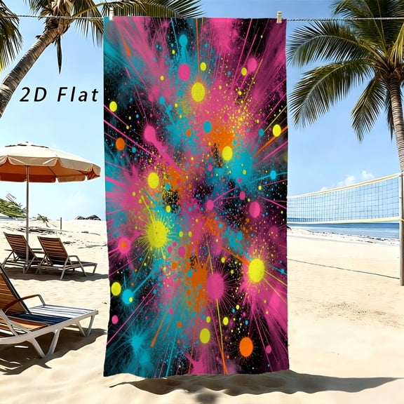 A beach towel with a bold print of neon splash ink, bright pink, teal and orange splash ink on a black background, a great gift for avant-garde fun lovers