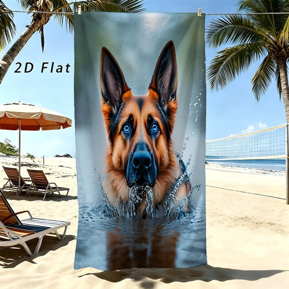 A beach towel, a realistic blue-eyed German Shepherd playing with prints in the water, a warm gift for dog lovers and pet lovers, perfect for summer trips and birthdays to relax by the sea