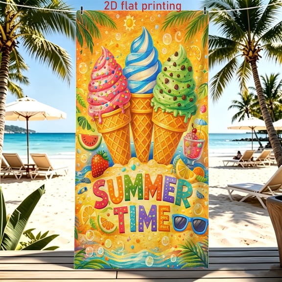 A beach towel with three-color ice cream and "Summer Time" text design, dessert summer style. This unisex towel is soft. Perfect for beach outings, camping, diving, surfing.