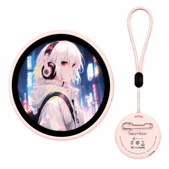 beambox Niji E-Badge 1.53" LED Touchscreen Wearable Photo Video Display,Bluetooth Digital Picture Frame for Cosplay Ita Bag Anime,Pink