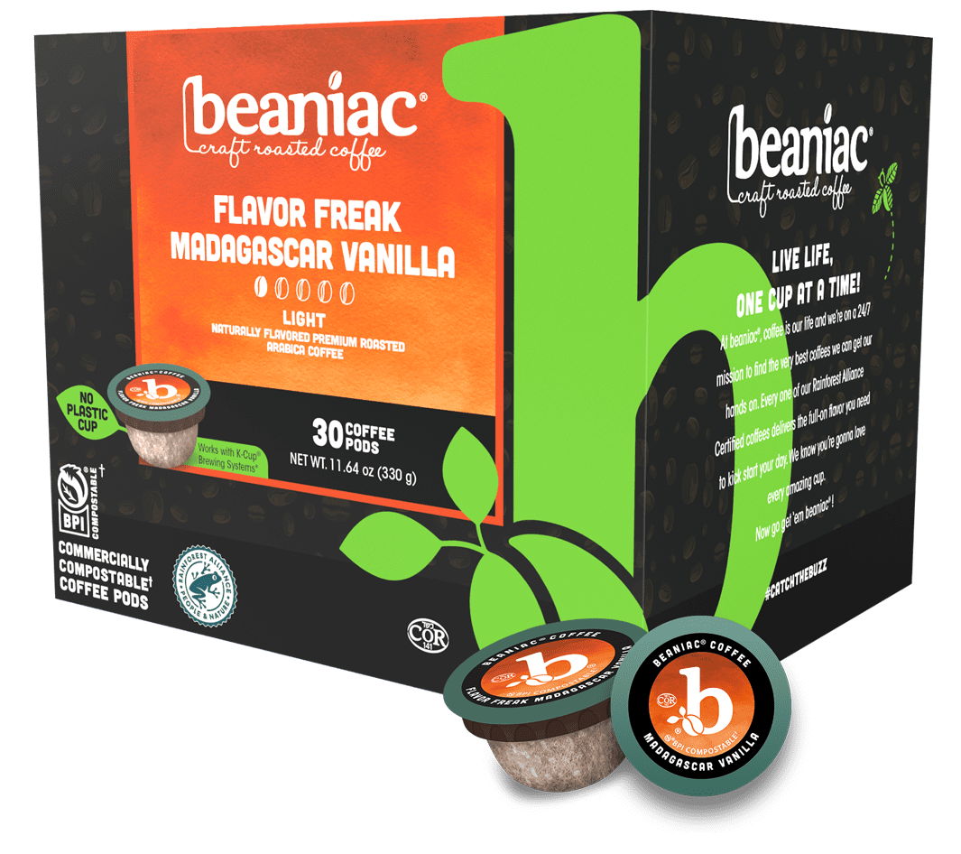 beaniac Flavor Freak Madagascar Vanilla, Flavored Light Roast, Single Serve Compostable K Cup Coffee Pods, Organic Arabica Coffee with Natural Flavors, Keurig Brewer Compatible, 30 Count