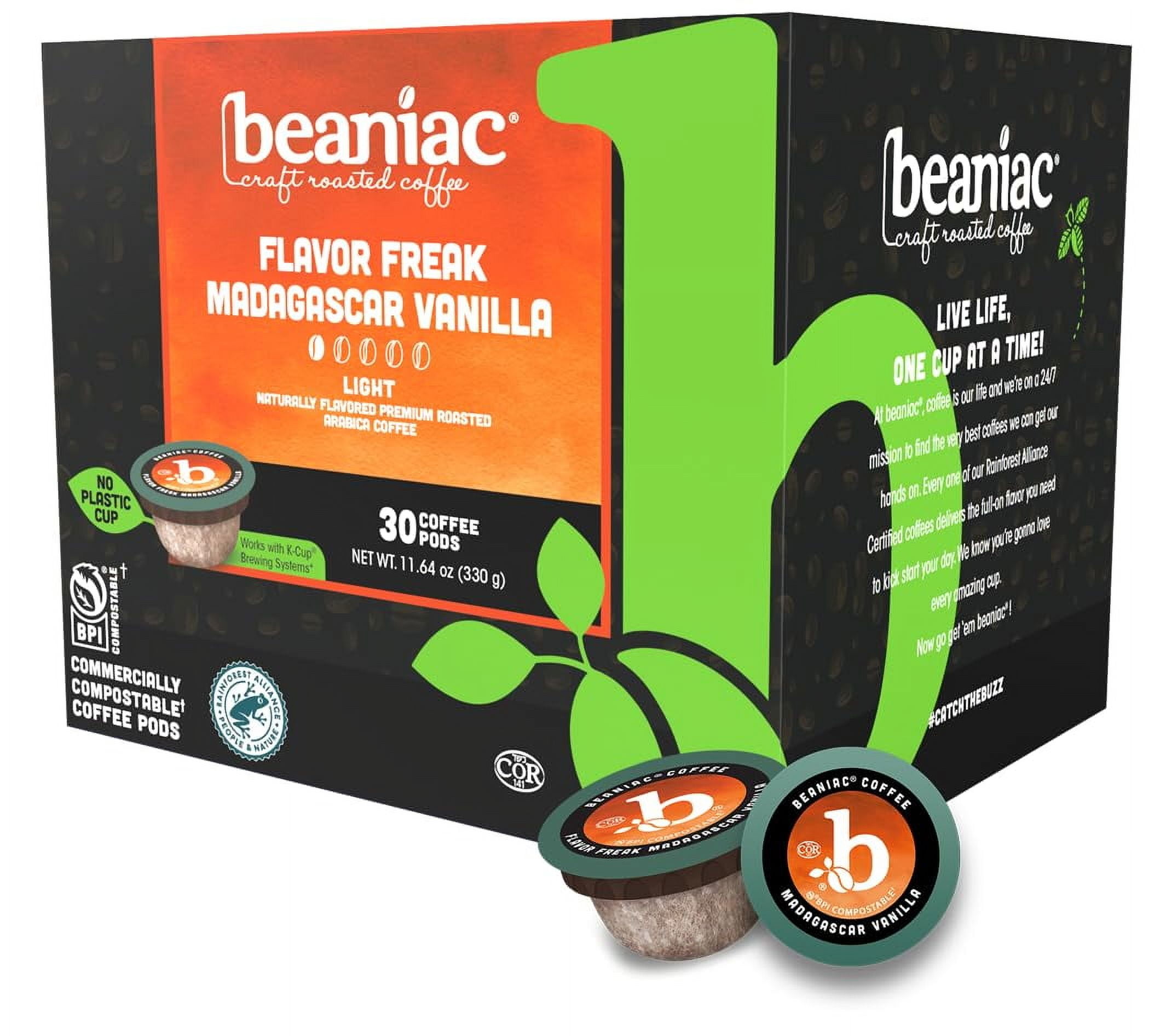 beaniac Flavor Freak Madagascar Vanilla, Flavored Light Roast, Single Serve Compostable K Cup Coffee Pods, Arabica Coffee with Natural Flavors, Keurig Brewer Compatible, 30 Count