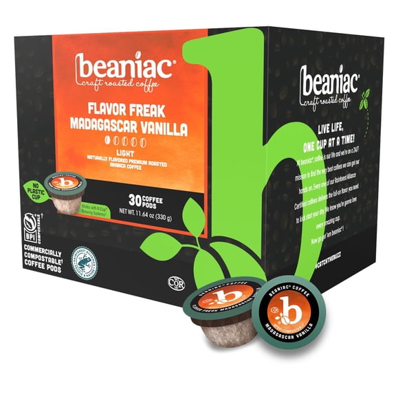 beaniac Flavor Freak Madagascar Vanilla, Flavored Light Roast, Single Serve Compostable K Cup Coffee Pods, Arabica Coffee with Natural Flavors, Keurig Brewer Compatible, 30 Count