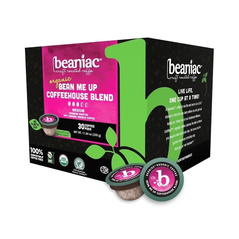 beaniac Organic Medium Roast Coffee, Single Serve K Cup Pods, Rainforest Certified, 30 Compostable Pods