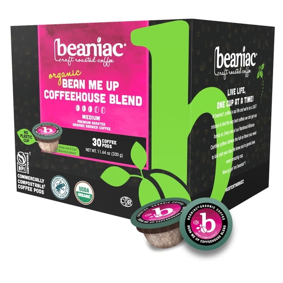 beaniac Organic Bean Me Up Coffeehouse Blend, Medium Roast, Single Serve Compostable K Cup Coffee Pods, Organic Arabica Coffee, Keurig Brewer Compatible, 30 Count