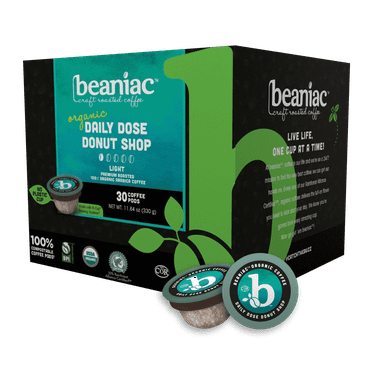 beaniac Organic Daily Dose Donut Shop, Light Roast, Single Serve Compostable K Cup Coffee Pods, Organic Arabica Coffee, Keurig Brewer Compatible, 30 Count